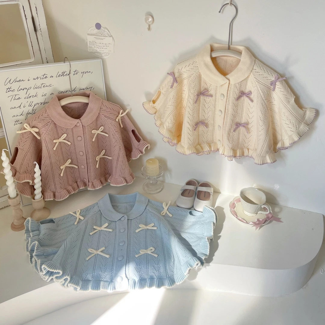 （身高加10去拍）S08斗篷木耳边蝴蝶结2025新款韩版儿童毛衣春秋季