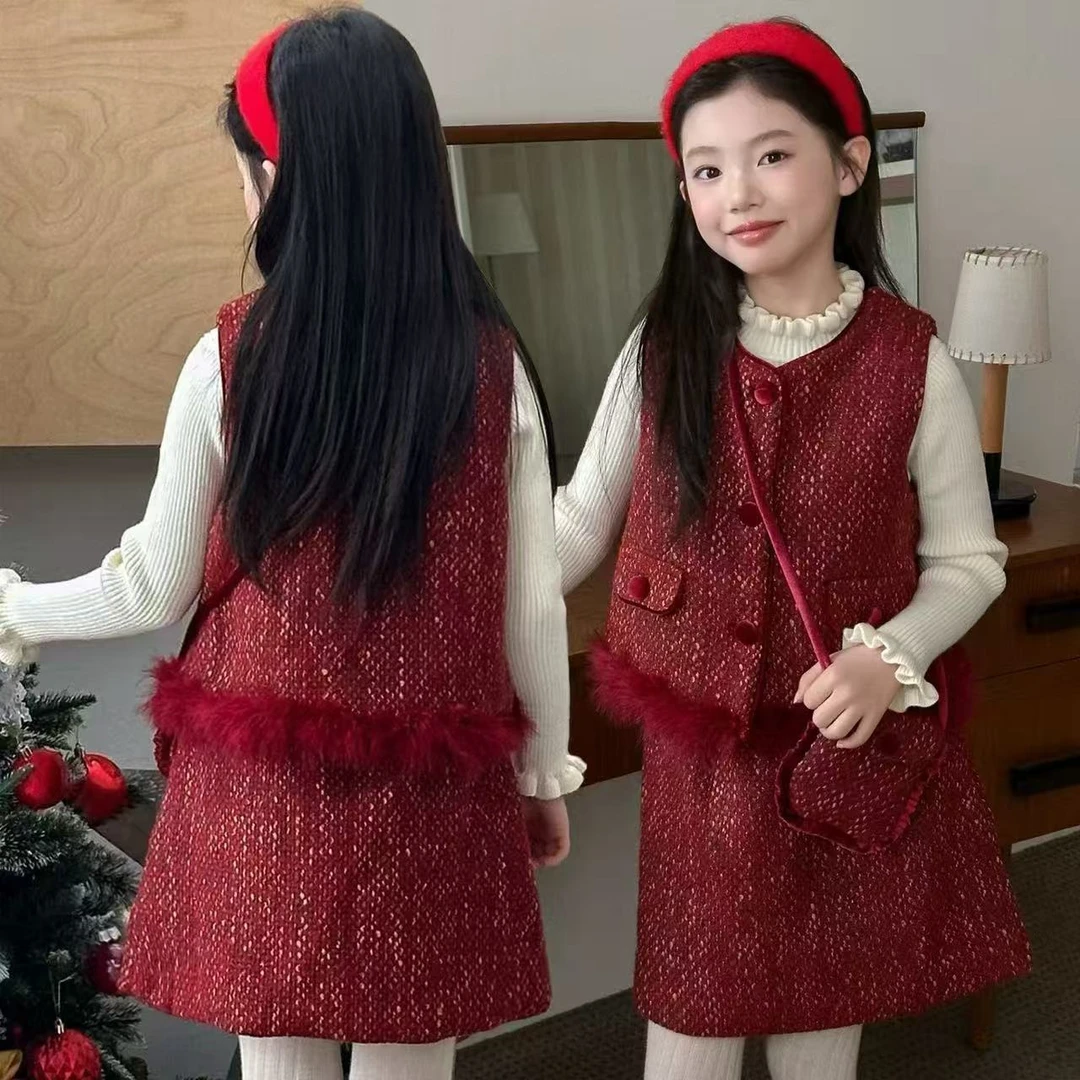 新款女童冬季加厚保暖小香风红色马甲短裙套装时尚舒适