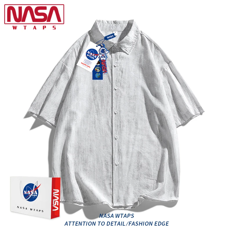 NASA WTAPS美式复古脏色短袖衬衫男款夏季潮牌宽松休闲百搭衬衣男