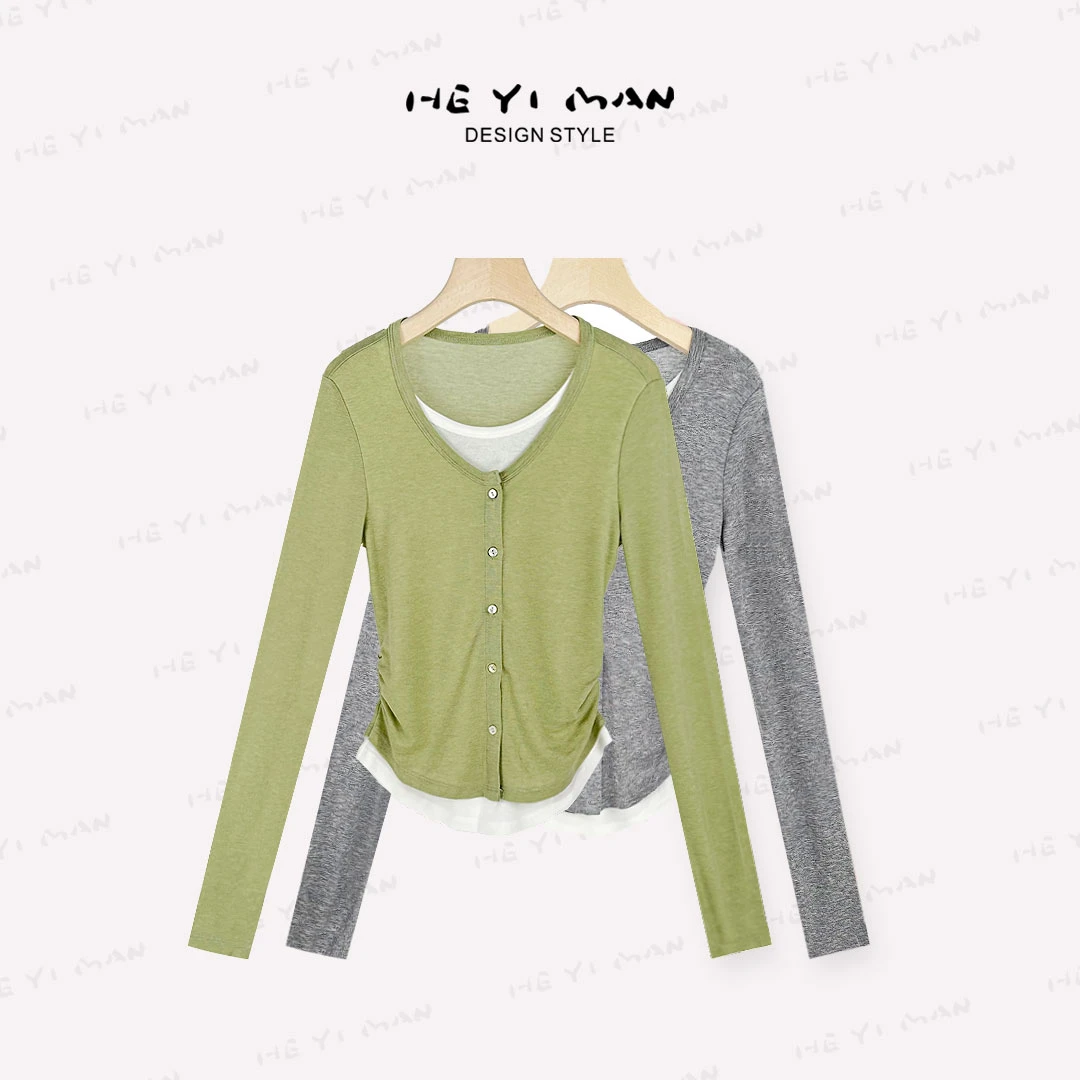 【何以慢】天丝羊毛混纺显瘦V领假两件透气亲肤百搭T恤A0-A5421