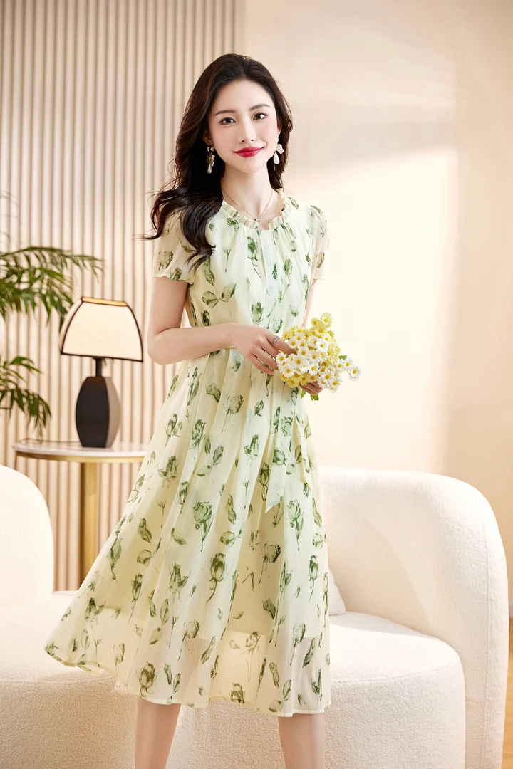 宽松不褪色碎花短袖印花复古法式收腰连衣裙裙子夏季法式长裙显瘦