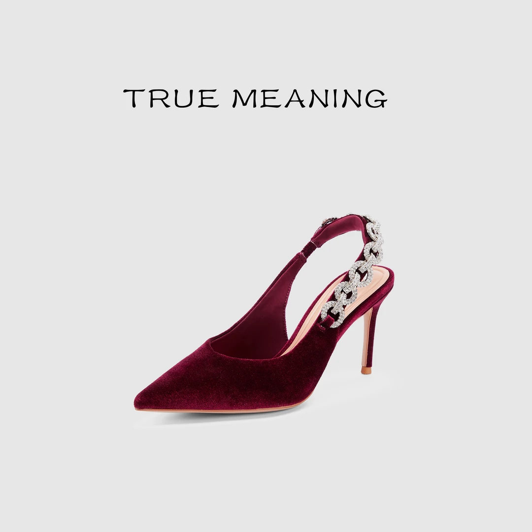 True Meaning简约极简闪亮法式欧若风羊皮后跟带尖头细高跟高跟鞋