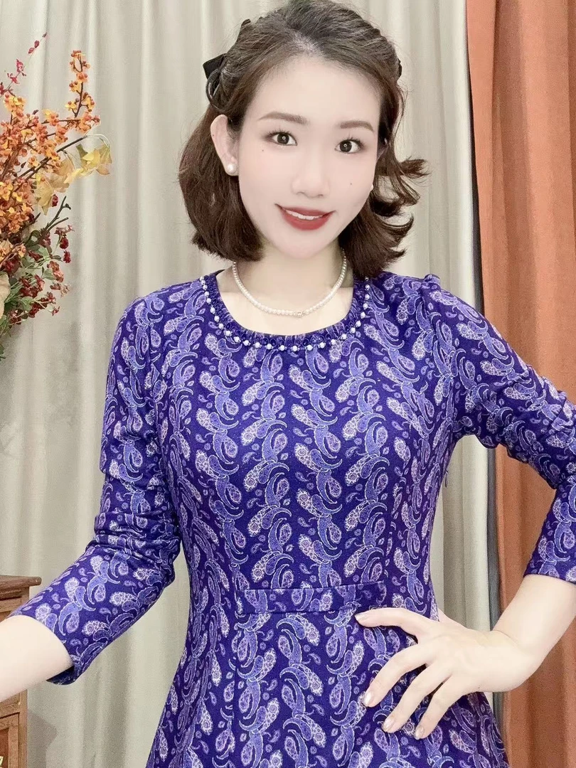 S 1169# 秋冬新款妈妈装轻奢优雅气质时尚提花紫色收腰显瘦连衣裙