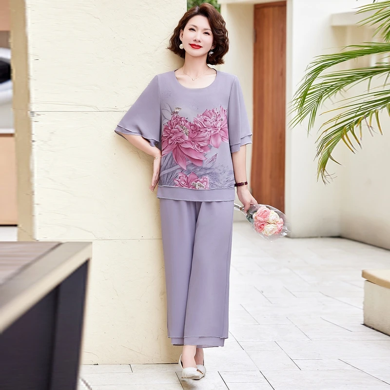 新款妈妈夏装套装短袖雪纺上衣中老年女夏季宽松洋气阔腿裤两件套