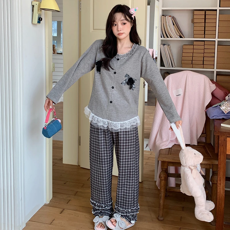 带胸垫新款秋冬季羊绒睡衣女长袖甜美花边保暖韩版冬天家居服套装