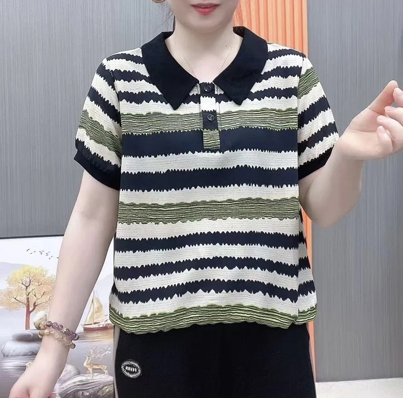 夏季时尚宽松透气条纹翻领短袖妈妈装