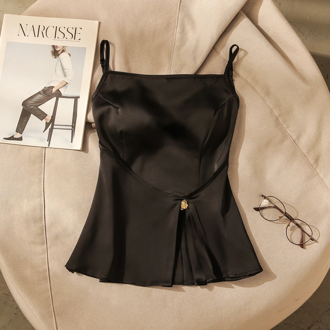 黑色褶皱绝美吊带背心女2025新款性感高级感美背收腰显瘦无袖上衣