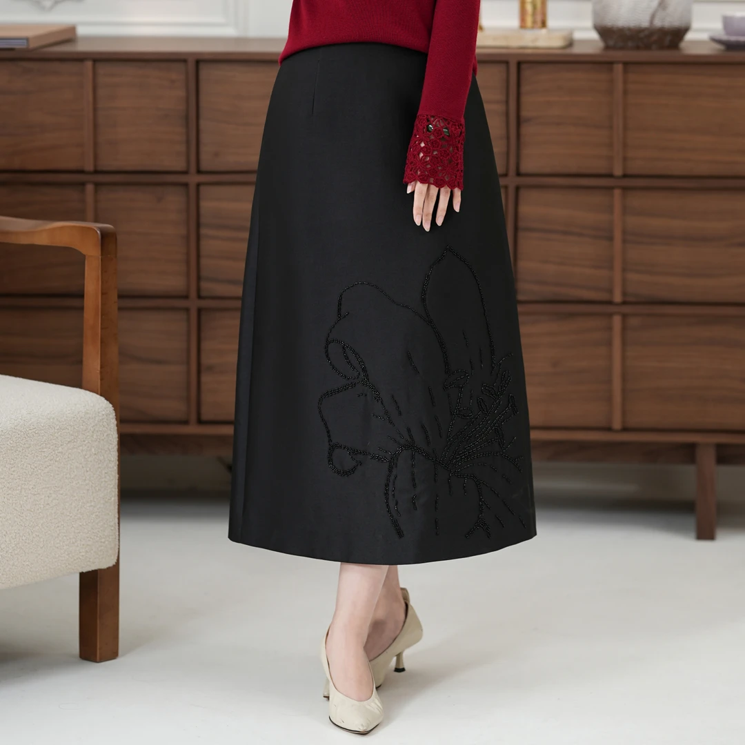 西子/【绽放】精纺羊毛重工钉珠A字裙黑色半裙/BQXS139