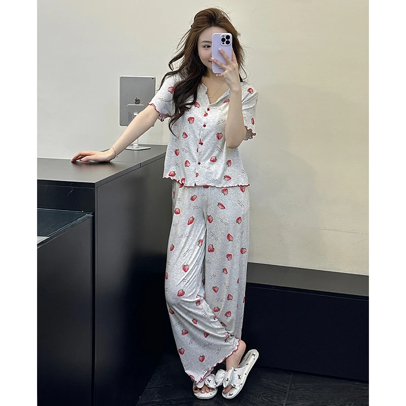 米诗缇【灰色草莓短袖长裤】小众潮牌设计可外穿短袖长裤睡衣家居服