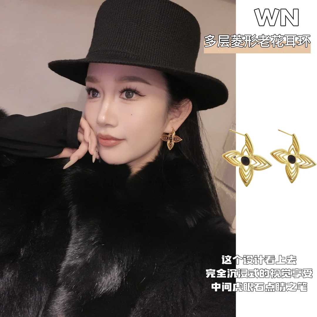 铜合金耳饰 罗马假日~多层菱形老花耳环高级感虎眼石复古小众耳饰
