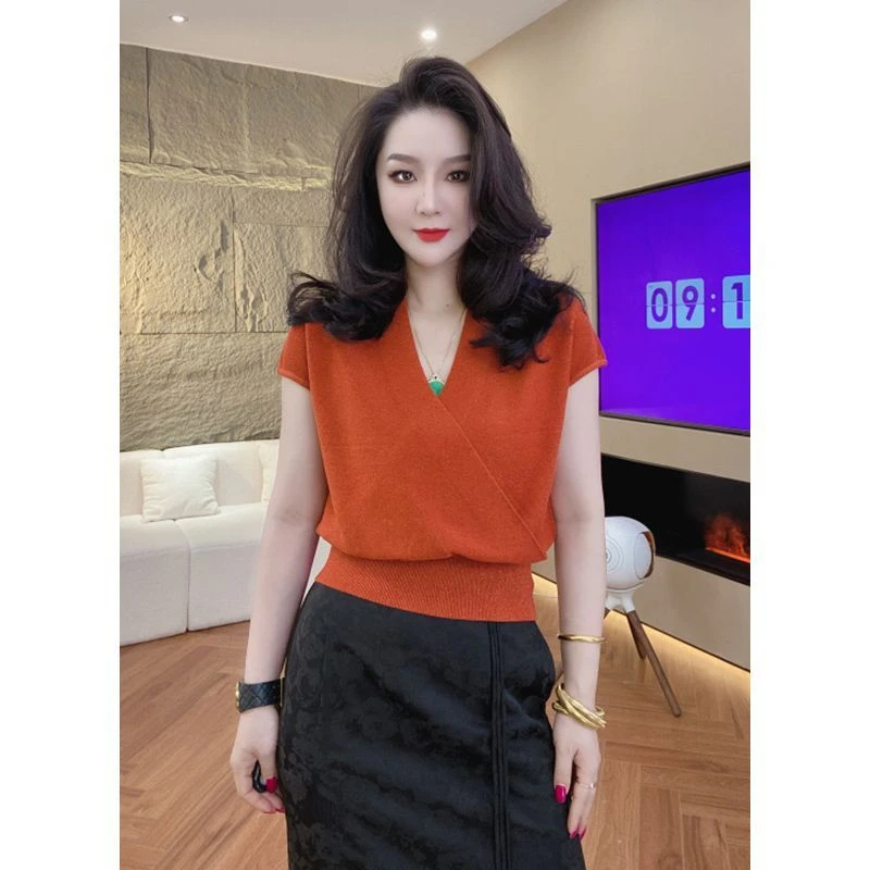 高级感交叉v领针织衫夏季轻薄短袖小衫休闲显瘦打底衫恤冰丝上衣