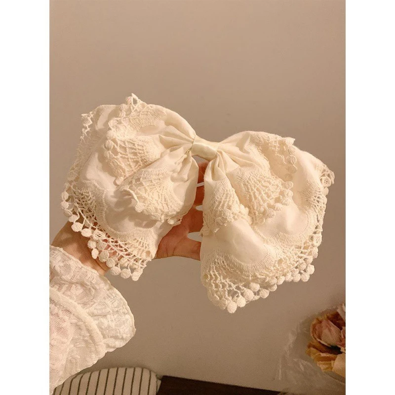 韩系白色蕾丝蝴蝶结发夹女夹子后脑勺半扎发弹簧夹复古发卡头饰夏