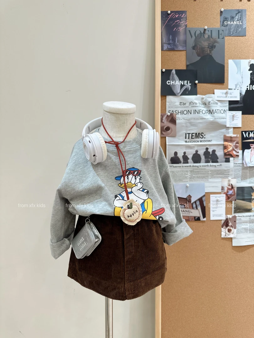 Bmy2025at 女童秋季新款韩版休闲卡通印花T洋气灯芯绒半裙套装