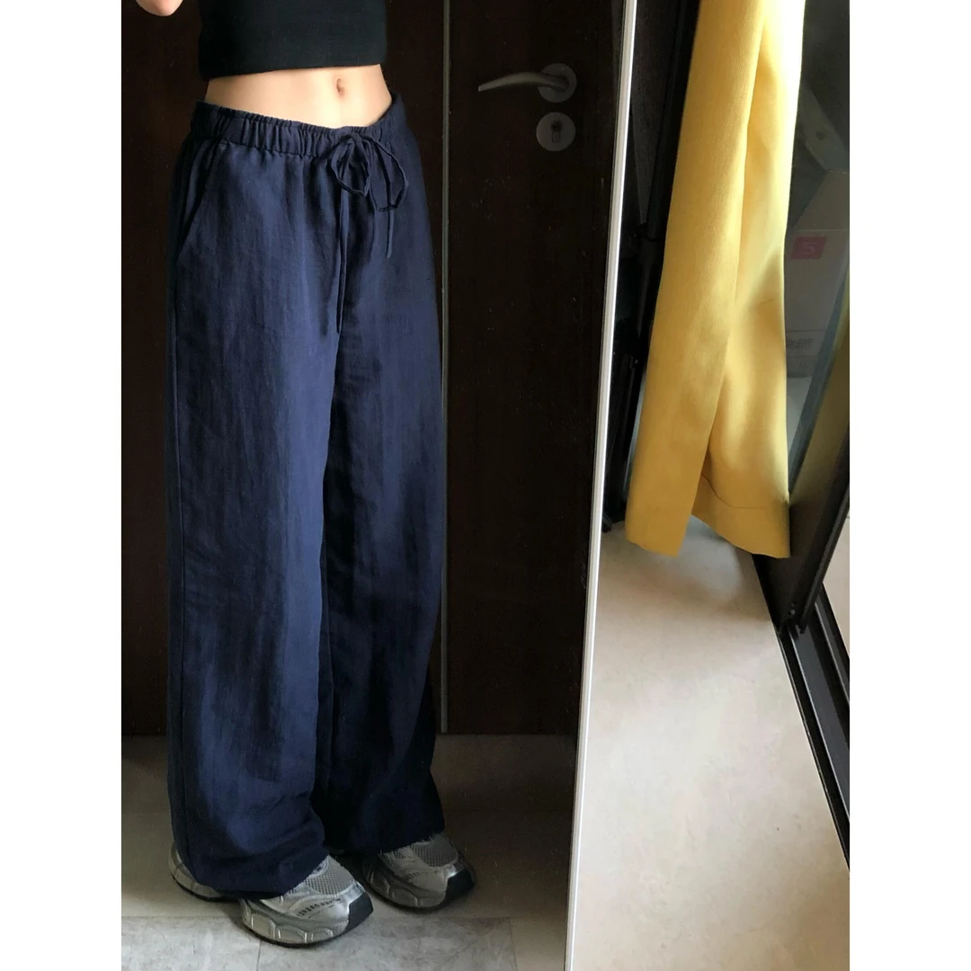 好穿！巨有质感！藏青色裤子宽松慵懒松弛感阔腿裤女夏季休闲裤防晒