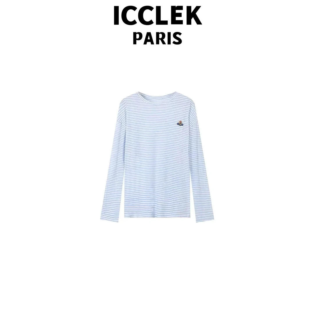 XY 蓝色圆领条纹刺绣长袖T恤百搭时尚慵懒宽松显瘦上衣  -   5497