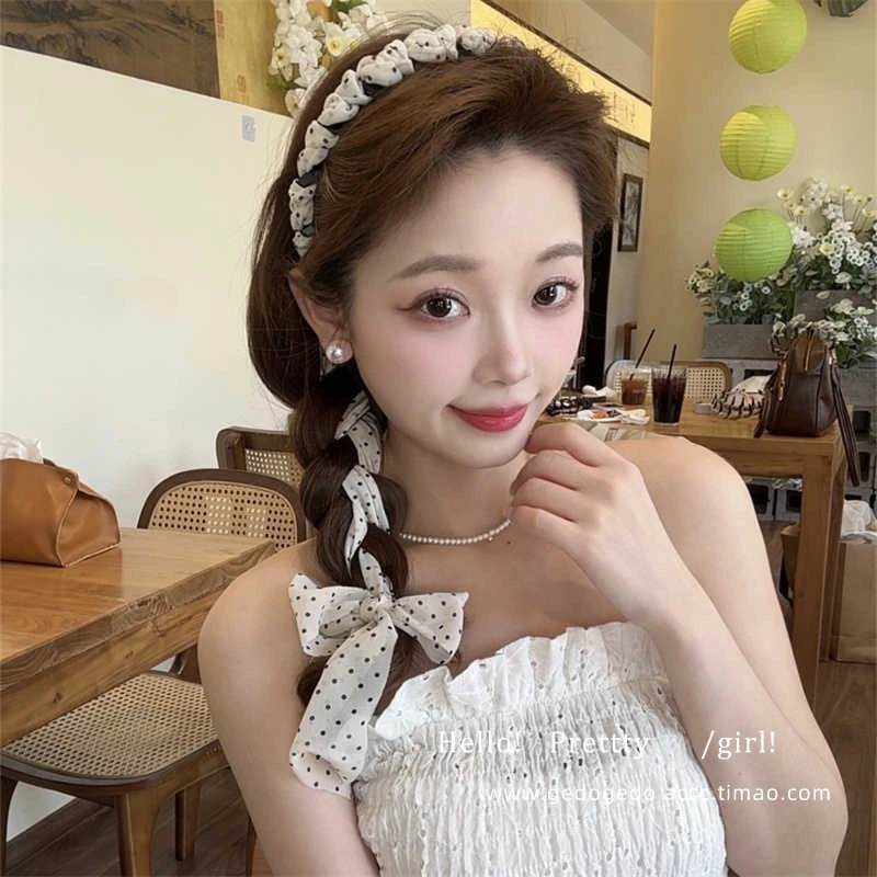 韩系甜美波点飘带齿梳发箍女夏季绑发一体发捆头饰编发带丝巾头箍