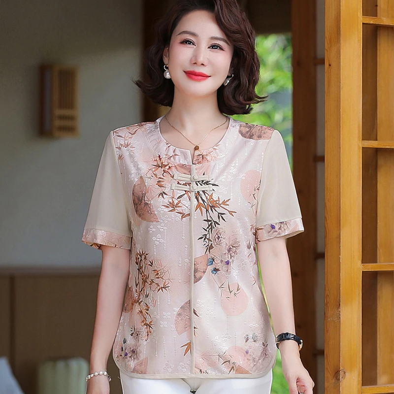 洋气妈妈装短袖T恤女中老年气质夏季时尚碎花薄款宽松复古小衫