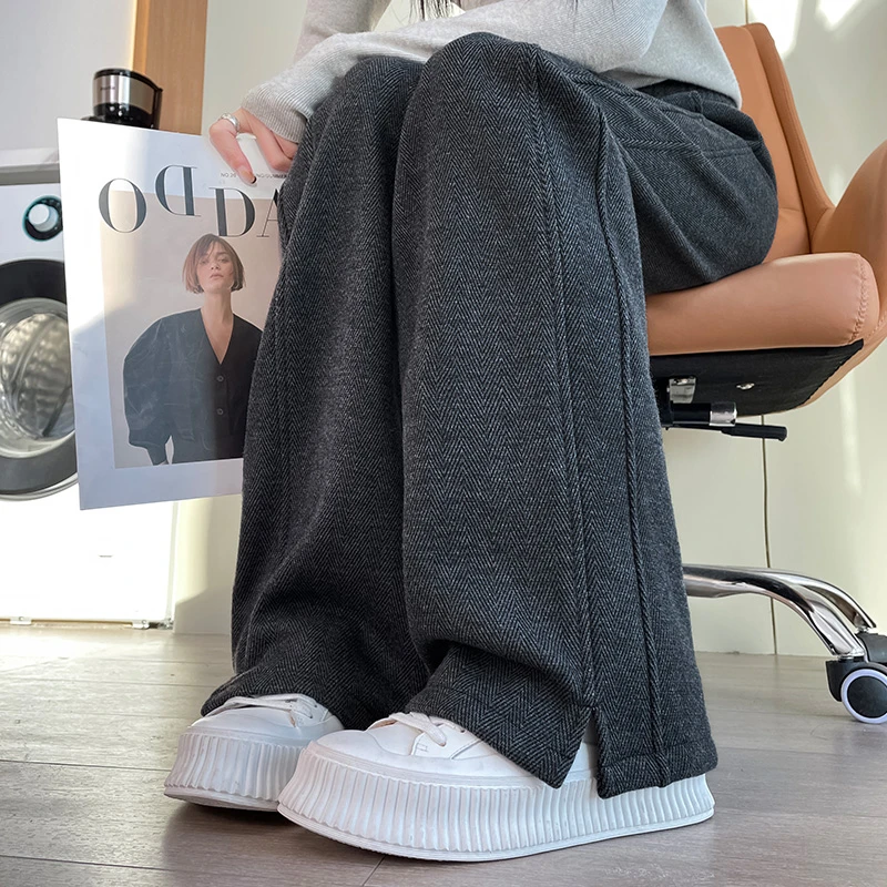 加绒加厚人字纹毛呢阔腿裤女秋冬2025新款爆款羊绒休闲开叉直筒裤