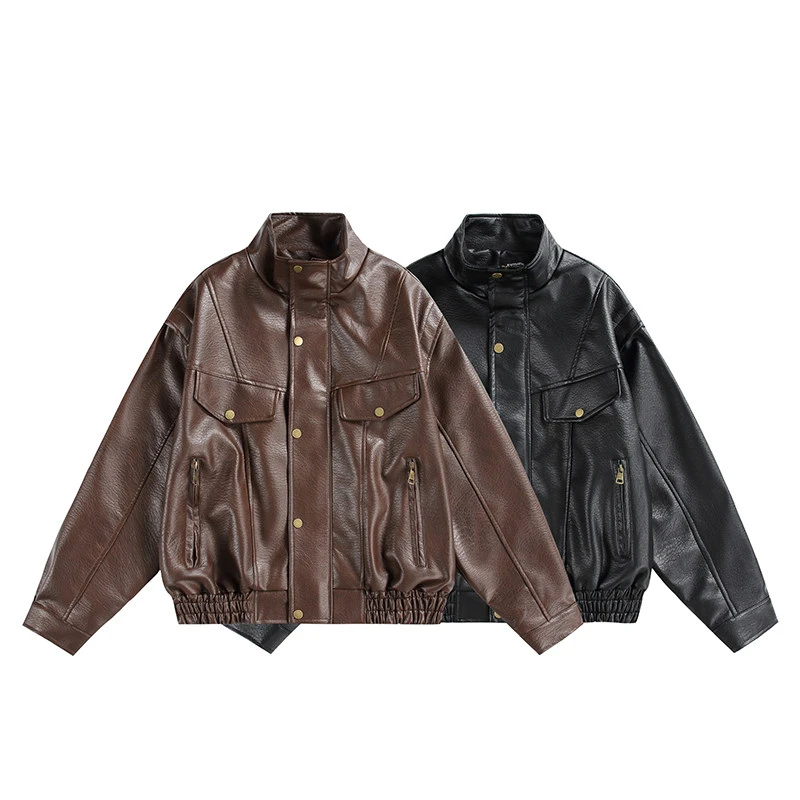 MAODALAI晚秋季新品复古铜扣拉链皮衣外套夹克机车服简约百搭ins