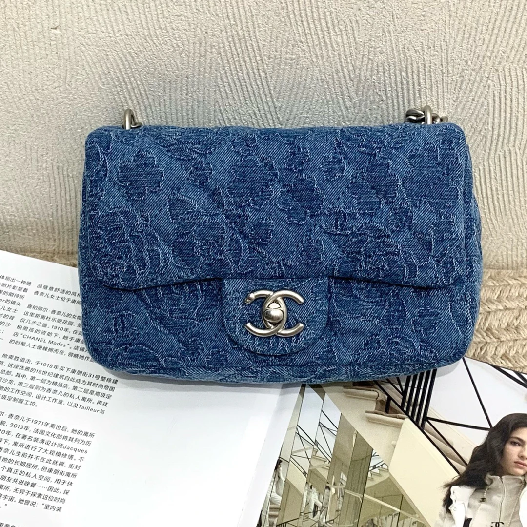 99新 Chanel/香奈儿 23P 丹宁牛仔银扣山茶花爱心调节扣方胖子