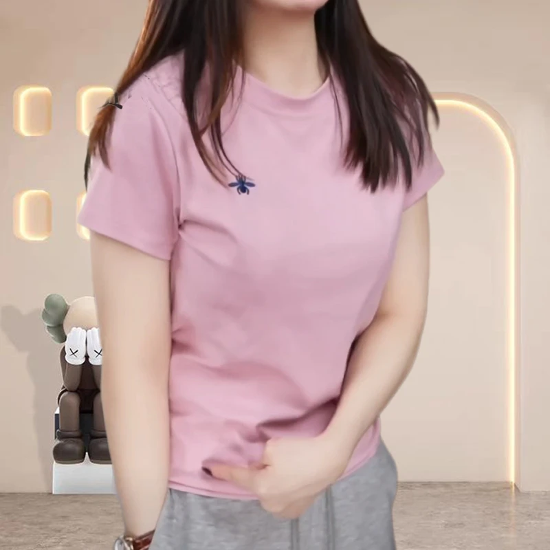 【纯棉】韩版正肩女t恤短袖内搭显瘦修身小衫休闲简约刺绣上衣女