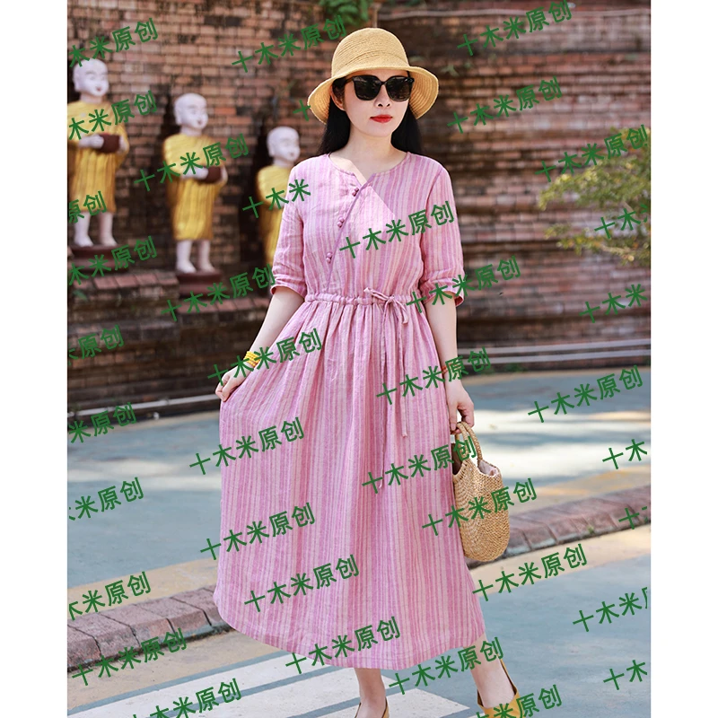 粉琴/十木米原创设计夏季新款色织亚麻条纹文艺休闲显瘦连衣裙