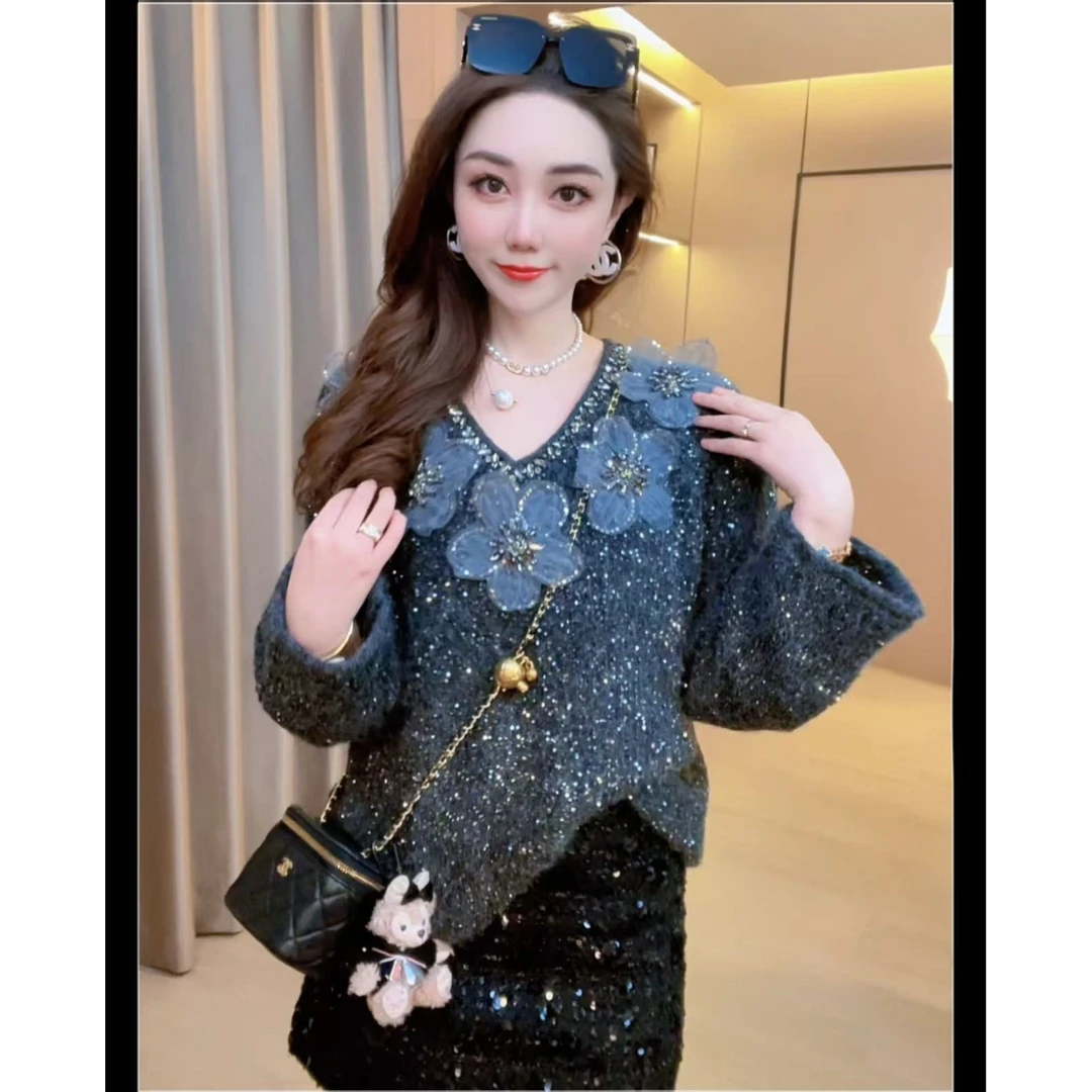 【晴天】重工钉珠轻奢百慵懒风针织上衣