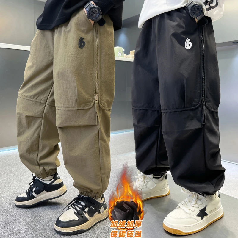 男童加绒裤子2025秋冬款新款儿童中大童男孩长裤工装裤一体绒帅气