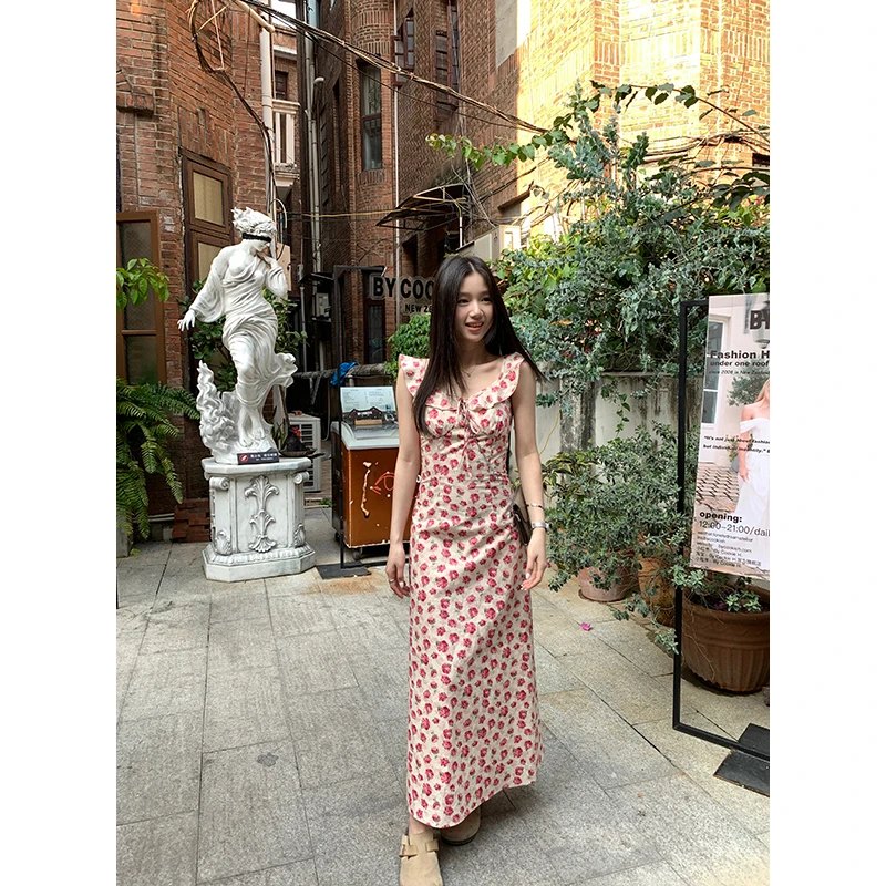 王少女的店 花色印花V领修身荷叶袖连衣裙夏季法式长裙 L32137S52