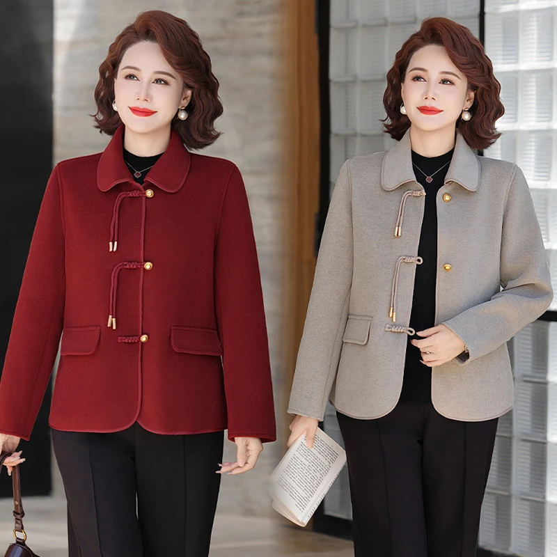 妈妈秋装新中式国风双面呢外套洋气50多岁中老年女装春秋呢子上衣