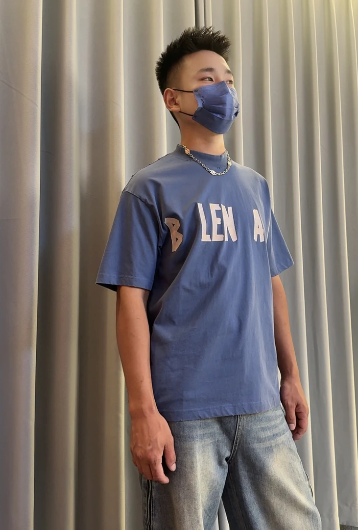 2387蓝胶带巴家风格宽松潮流T恤男女同款小圆领