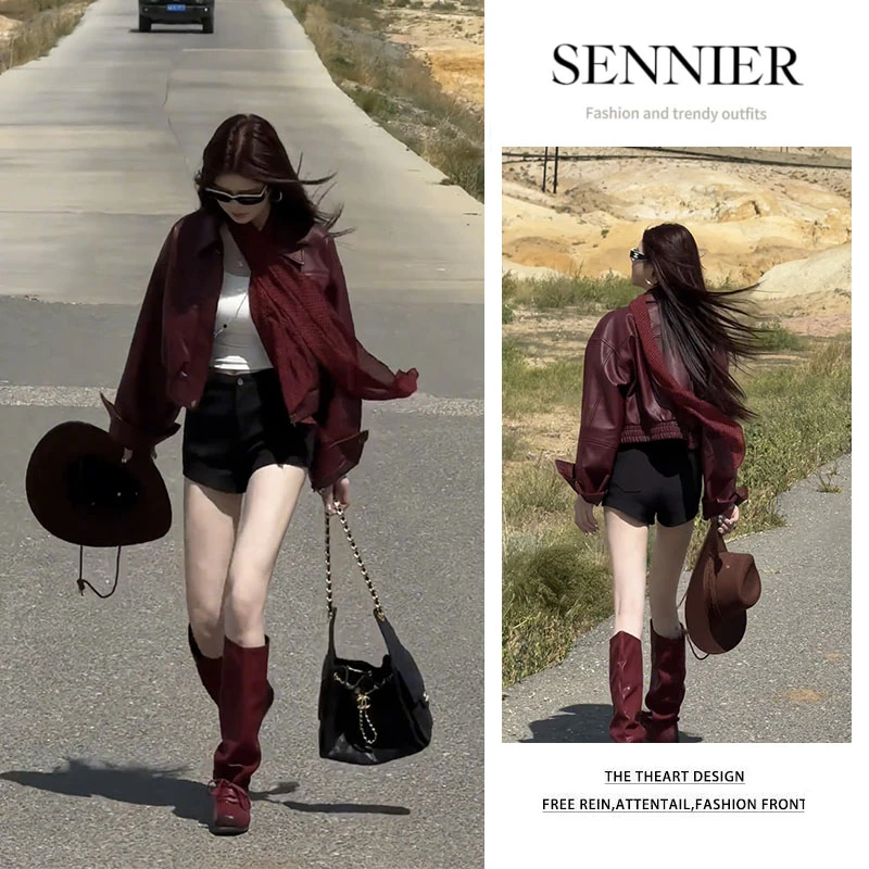 2025早秋新款洋气百搭短款长袖皮衣外套吊带内搭显瘦短裤三件套女