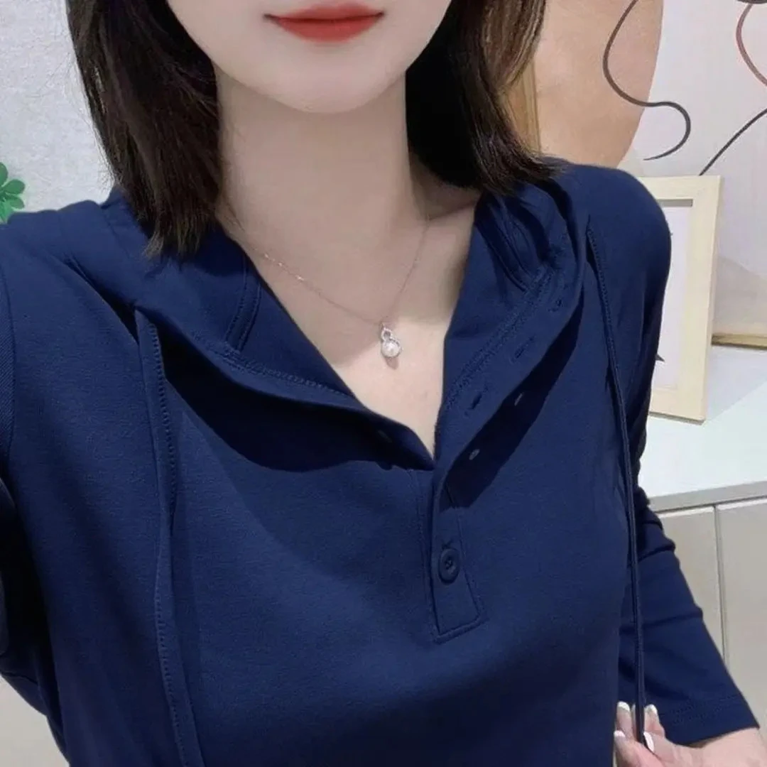 春秋季简约休闲连帽长袖T恤女新款高级洋气舒适显瘦纯色上衣小衫