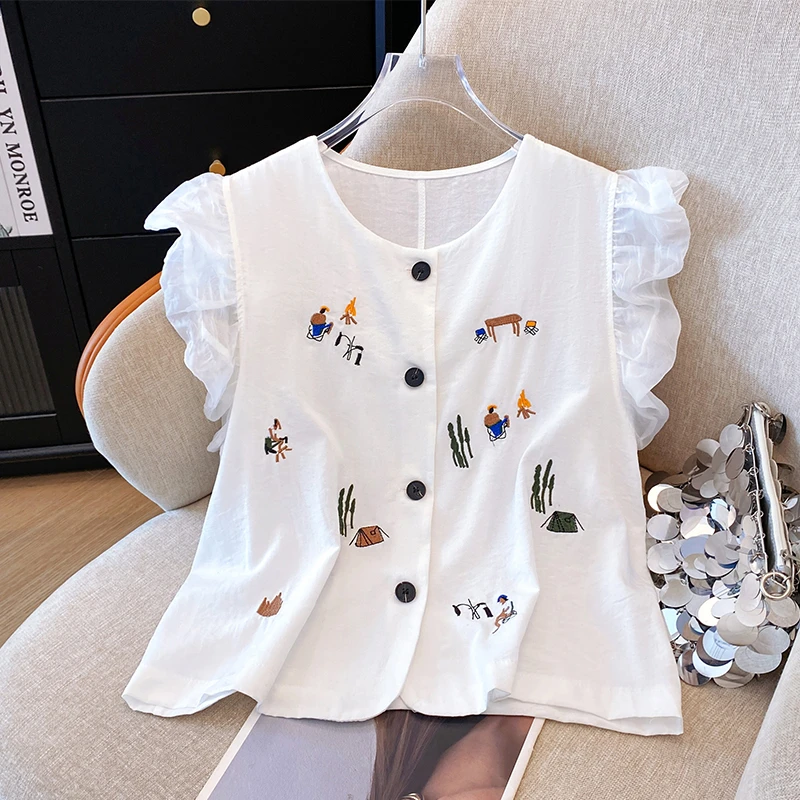韩系气质重工卡通图案刺绣小飞袖衬衫女夏设计感小众花苞短袖上衣