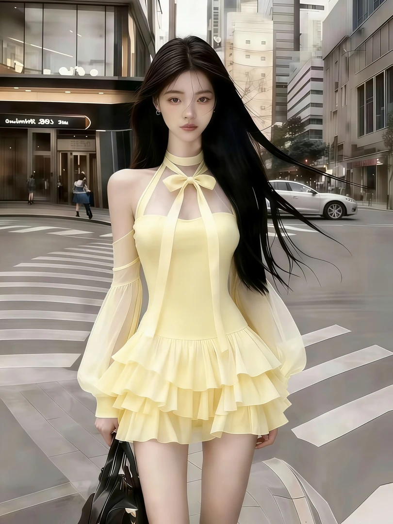 轻奢时尚气质高级千金风黄色圆领挂脖露肩网纱褶皱长袖收腰连衣裙