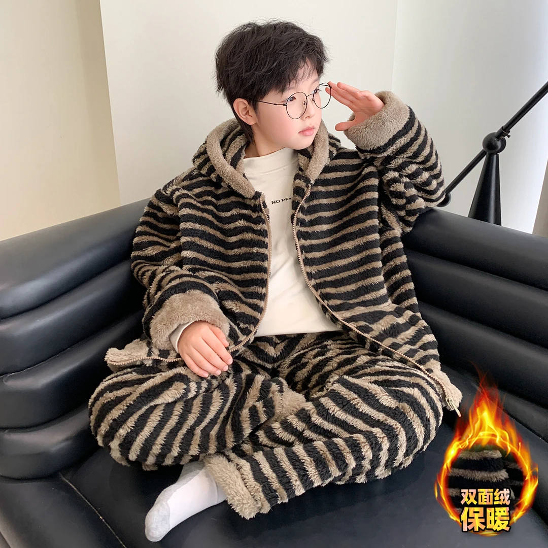 儿童装男童睡衣秋冬款加绒法兰绒冬季男孩珊瑚绒家居服加厚中大童