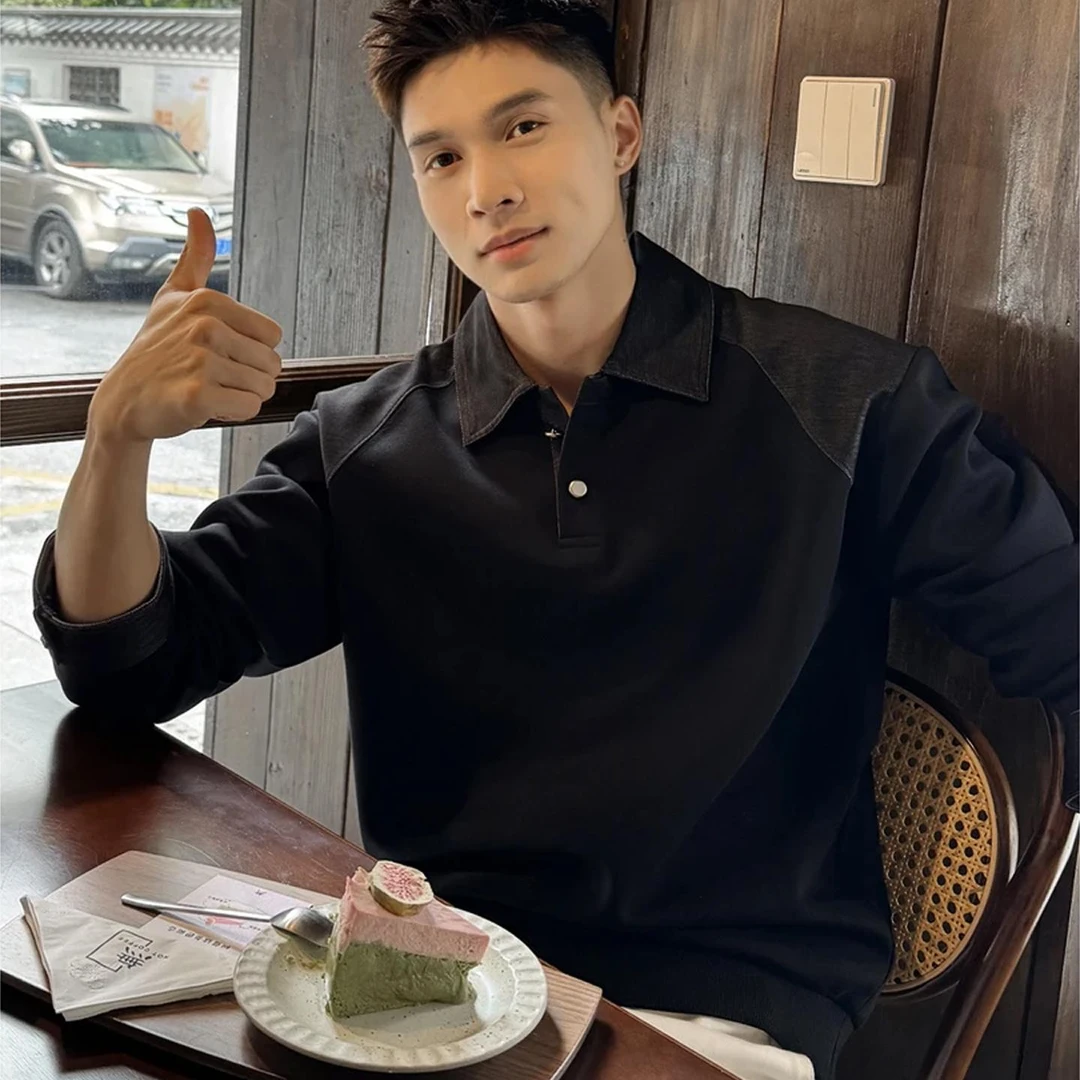 黑色美式正肩polo衫男款秋季痞帅高级感亨利领卫衣长袖内搭打底衫