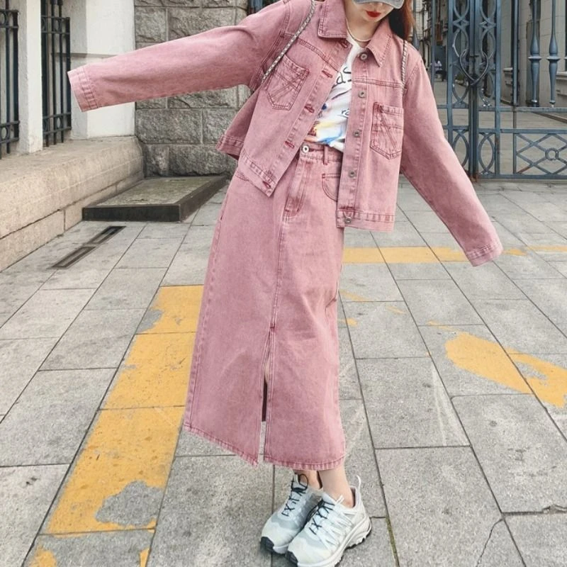 胖颖专属大码春季新款开叉做旧韩版牛仔半身裙+上衣套装38203