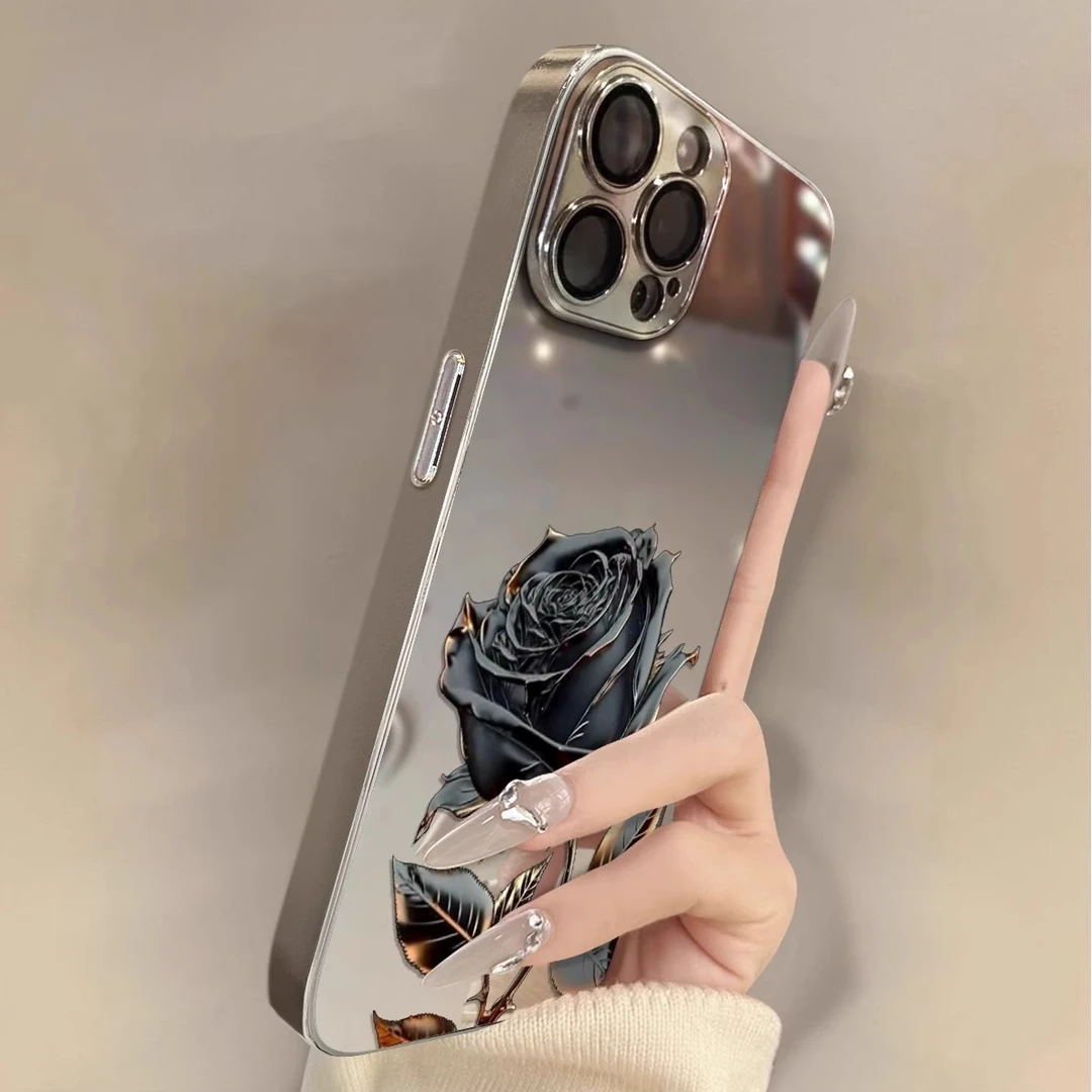 黑金玫瑰适用苹果16promax手机壳iPhone15pro轻奢14p补妆镜面女款
