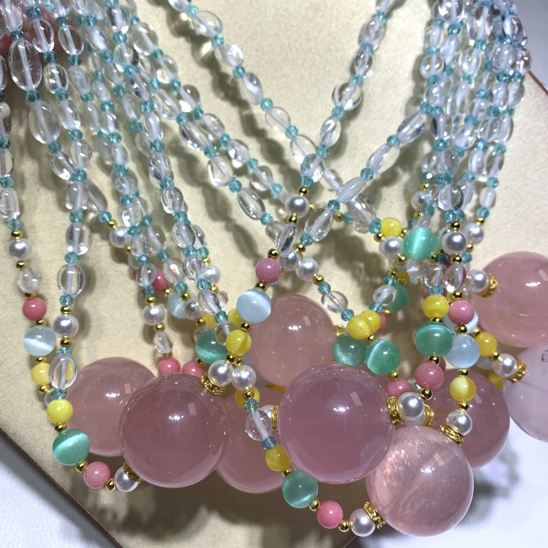 天然西柚粉果冻粉水晶时尚大尺寸手工单珠锁骨链-多样性发一