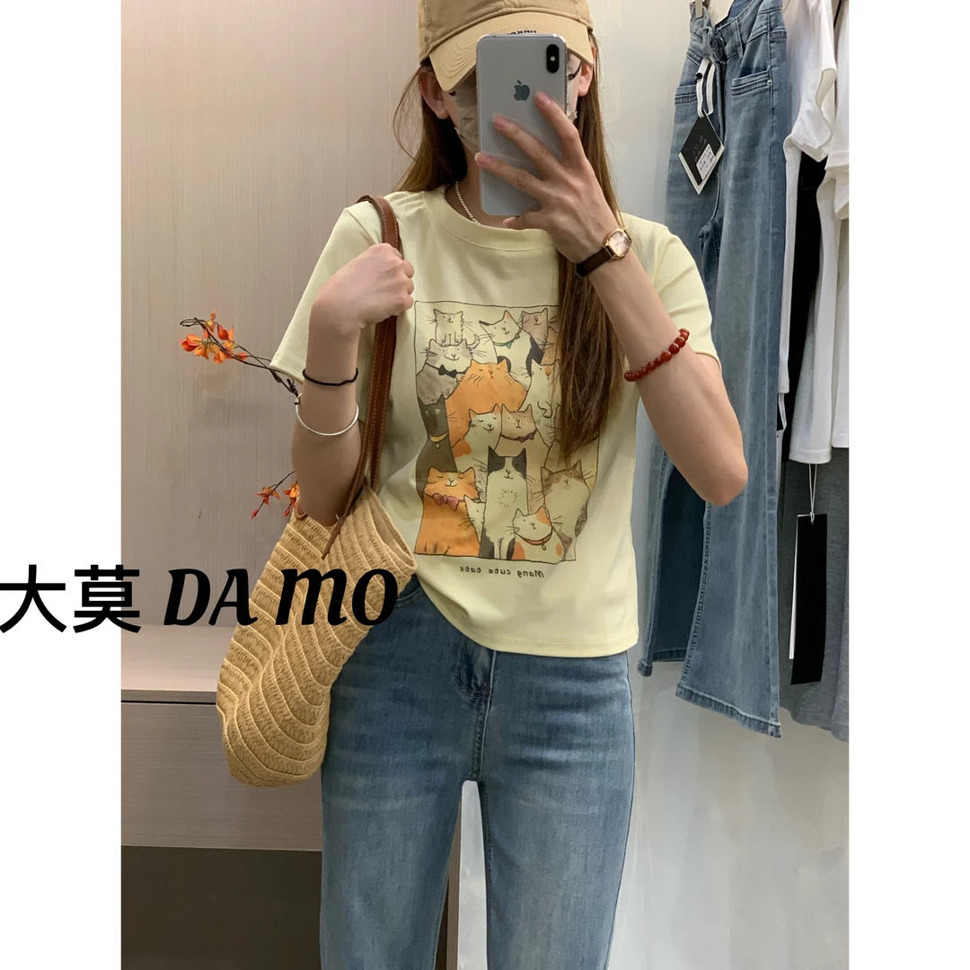 圆领短袖印花常规款猫咪常规T恤宽松ins高智淡人风411