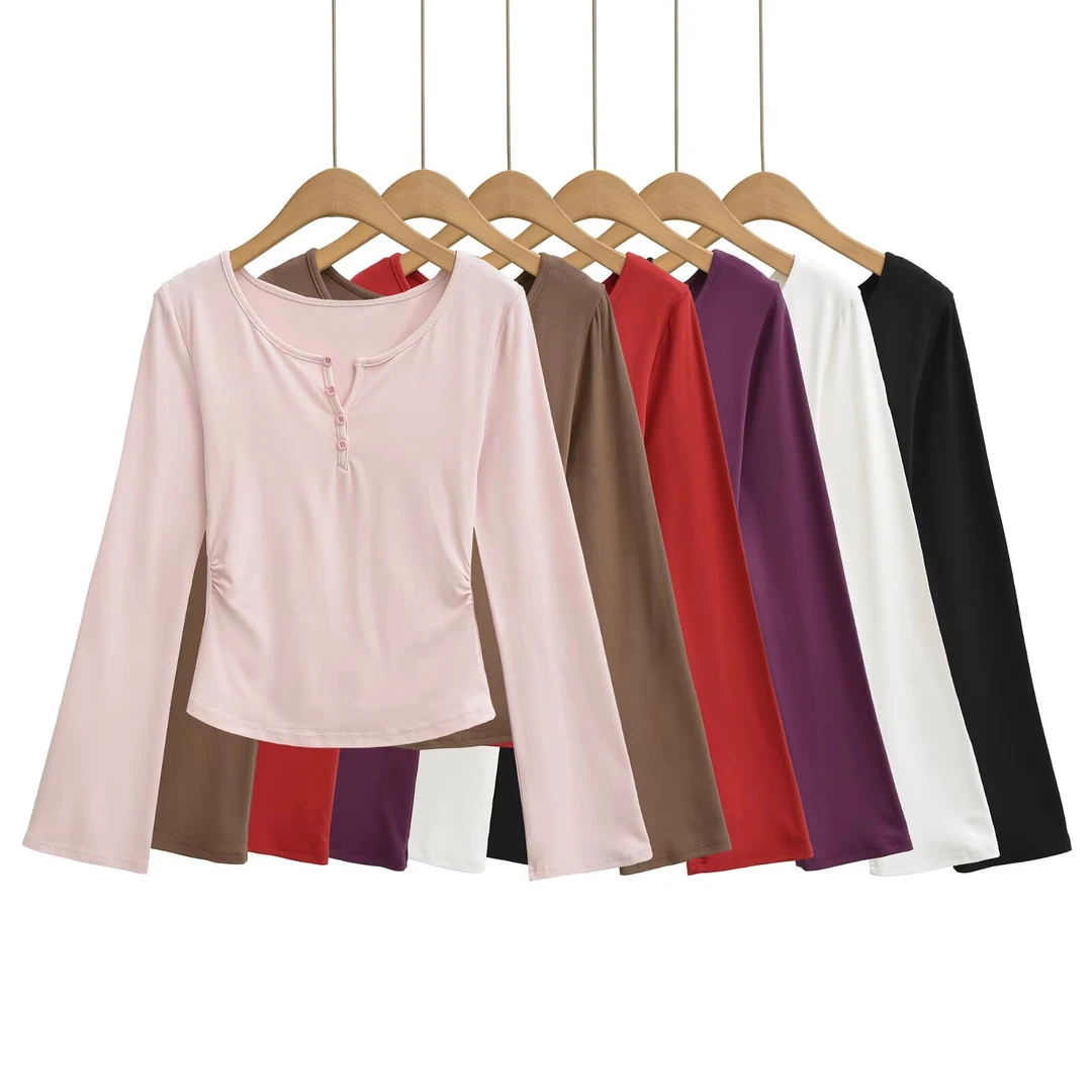 618时尚纽扣洋气长袖T恤女辣妹修身显瘦打底衫上衣