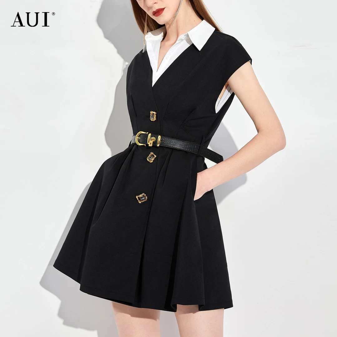 【七语专属】AUI黑职业通勤设计感假两件衬衫职业西装裙-23C012120