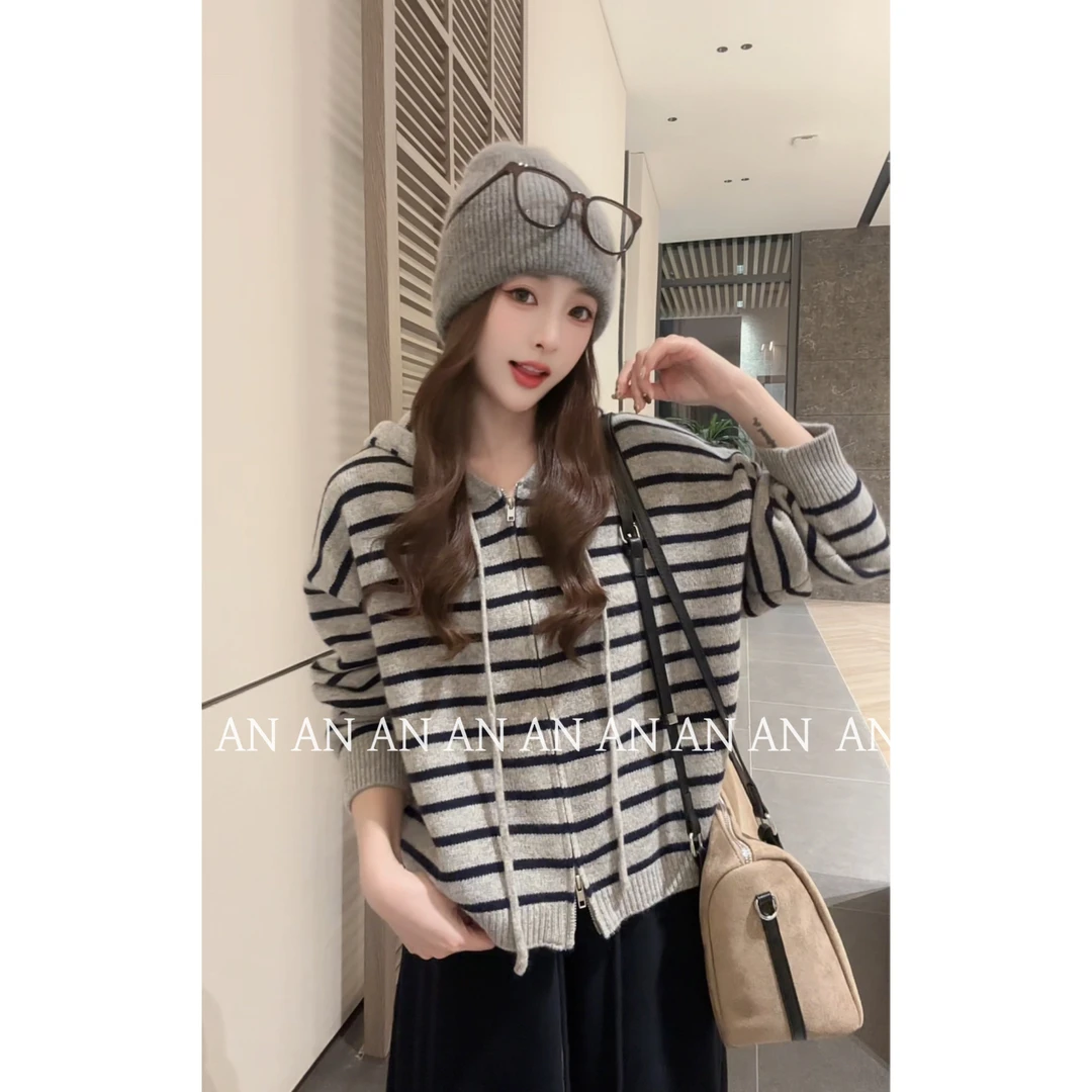 C11062新款慵懒随性宽松开衫双头拉链连帽条纹毛衣外套