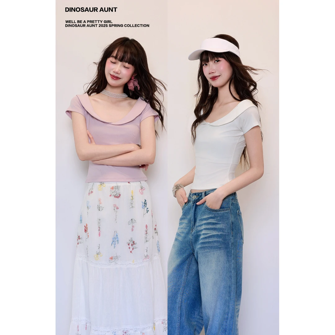Dinosaur Aunt恐龙阿姨 简约设计感掐腰显瘦夏季v领短袖上衣