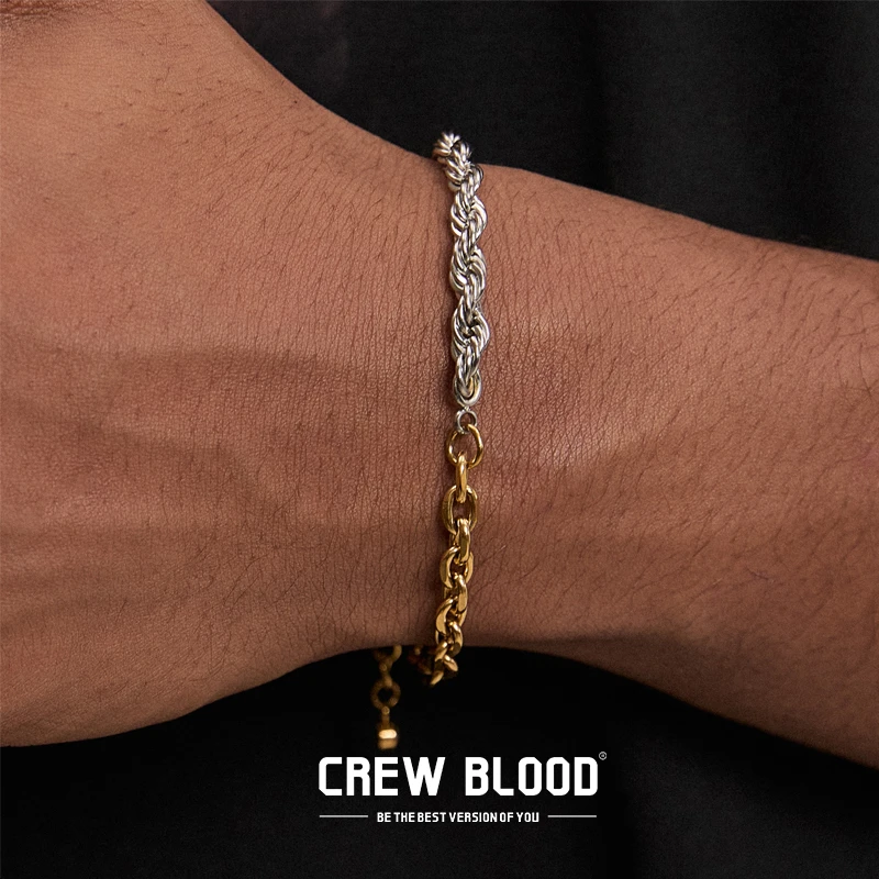 钛钢锆石手链 CREW欧美双色拼接麻花手链男健身简约时尚送男友