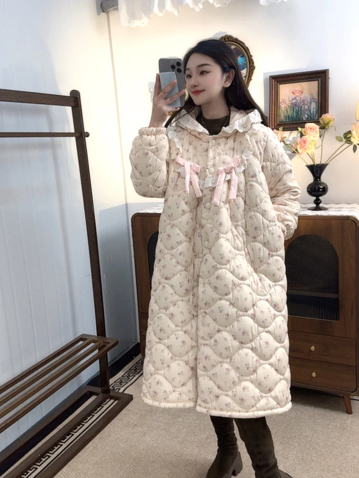 新款冬季睡衣三层夹棉加厚百搭宽松中长款外穿韩版女生保暖家居服