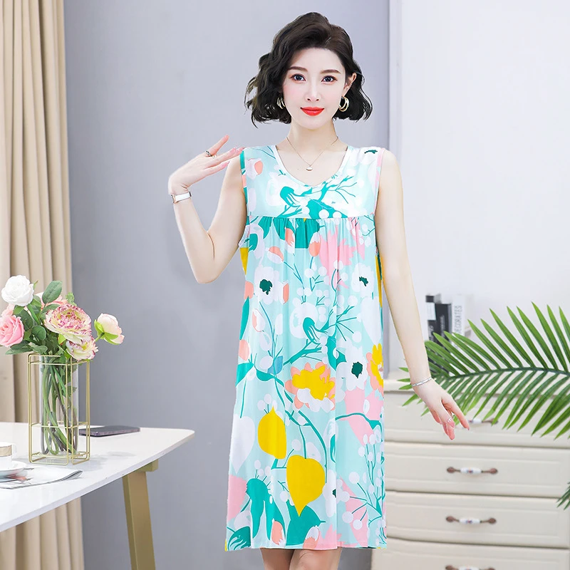 夏季新款无袖睡裙女士夏季成人碎花圆领裙子背心裙印花时尚中长款