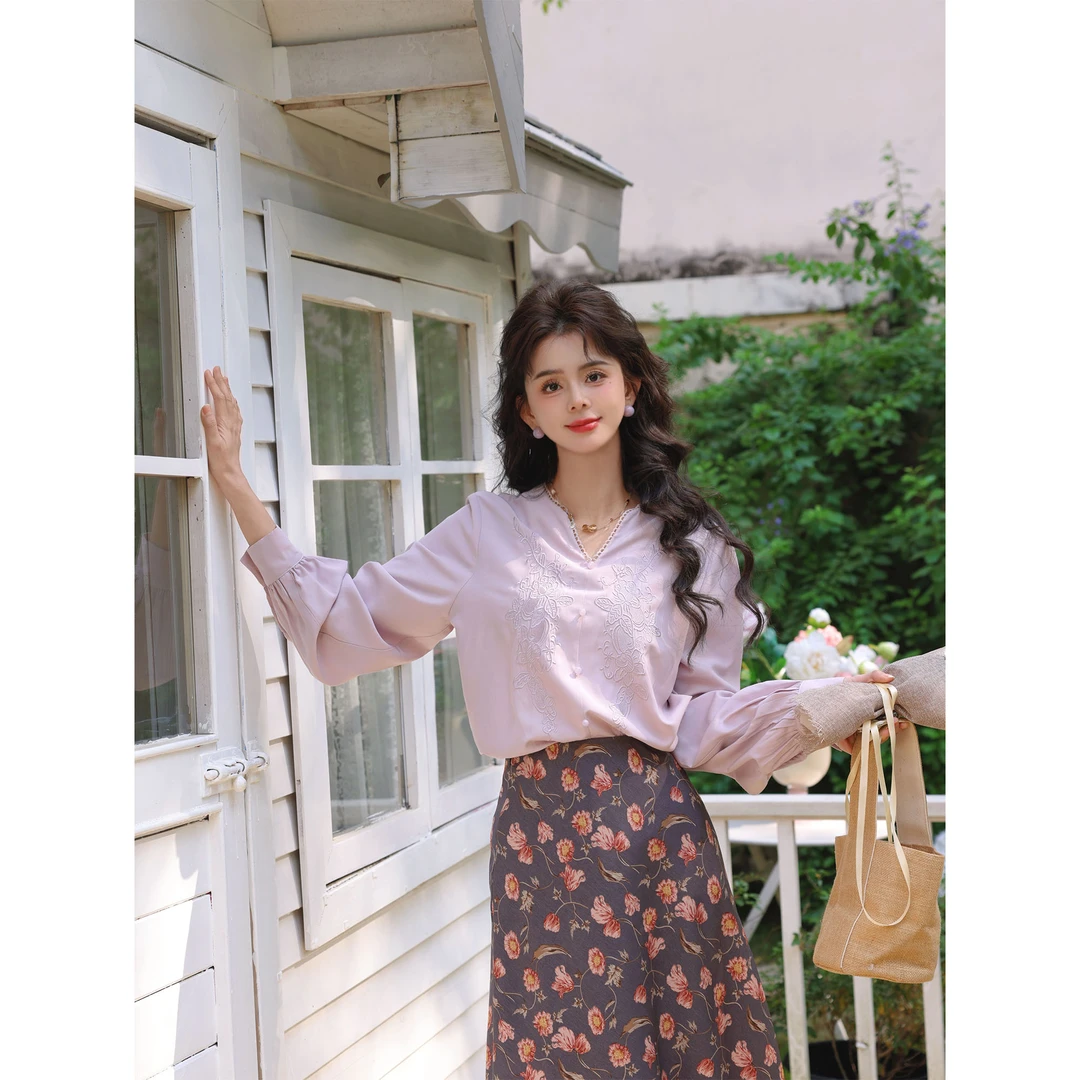 陈大器【粉紫花影】港风复古衬衫女宽松显瘦上衣JE0706003