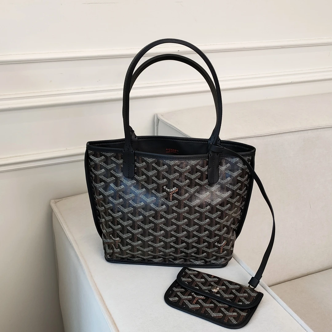 99新 Goyard Azul-黑色老花帆布tote mini托特包48568